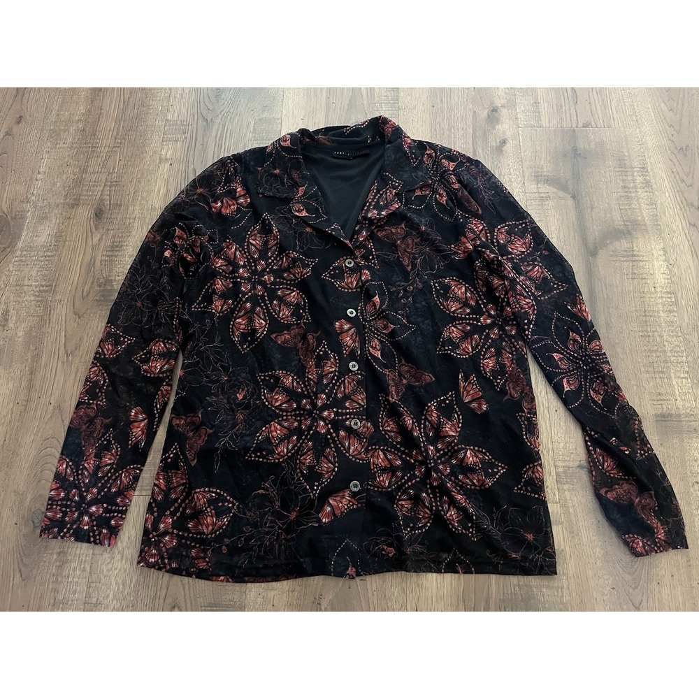 Jane & Delancey Shirt Top Mesh Black Delicate Button Up Floral Butterfly Medium - Picture 2 of 9